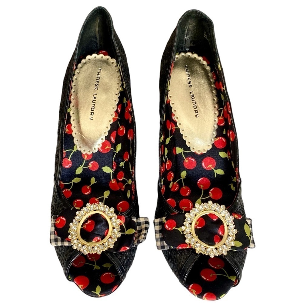CHINESE LAUNDRY Heels Peep Toe Black Red Cherry Gold Tone & Crystals Women 9 - Picture 2 of 14